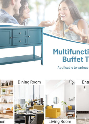 Buffet Sideboard, with 2 Wood Storage Drawers & Open Shelf, Console Table for Living Room Kitchen Dining Room Furniture (Blue)