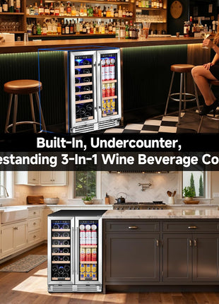 Wine and Beverage Refrigerator, 24 Inch Dual Zone Wine Cooler with Glass Door Hold 20 Bottles and 62 Cans, Freestanding or under Counter Wine Fridge with LED Ligh.