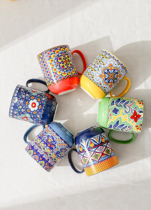 Coffee Mugs Set 14 Ounce - Multicolor Porcelain Cups for Latte, Hot Tea, Cappuccino, Cocoa, Soup, Dishwasher, Microwave Safe, Christmas Gift Set of 6 - Bohemian Style
