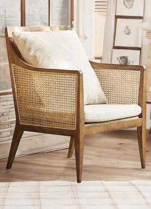 Fabric Accent Chair, Vintage Rattan Vanity Chair with Wood Armrest and Legs for Living Room Bedroom