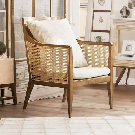 Fabric Accent Chair, Vintage Rattan Vanity Chair with Wood Armrest and Legs for Living Room Bedroom