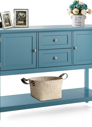 Buffet Sideboard, with 2 Wood Storage Drawers & Open Shelf, Console Table for Living Room Kitchen Dining Room Furniture (Blue)