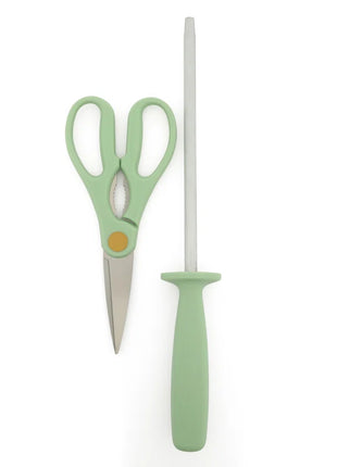 16 Piece Lockton High Carbob Stainless Steel Cutlery Kitchen Knife Block Set W/ ABS Tripe Riveted Forged Handle Acacia Wood Block - Sage Green W/ Gold