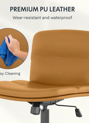 Cross Legged Office Chair for Vanity Desk Criss Cross Chair with Wheels Armless Office Chair Vanity Chair Comfy Wide Seat Cushion PU Leather(Brown)