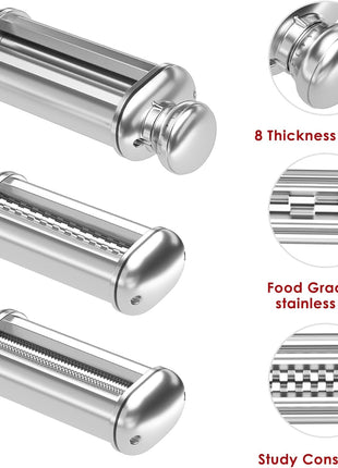 Pasta Maker Attachments for Kitchenaid Mixers, 3-Pieces Pasta Accessories Included Stainless Steel Dough Sheet Roller, Fettuccine Cutter, Spaghetti Cutter and Cleaning Brush