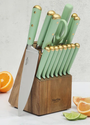 16 Piece Lockton High Carbob Stainless Steel Cutlery Kitchen Knife Block Set W/ ABS Tripe Riveted Forged Handle Acacia Wood Block - Sage Green W/ Gold