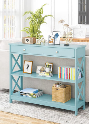 Console Table with Drawer and Storage Shelves, Narrow Sofa Table for Living Room, Easy Assembly, 3-Tier Entryway Table with Storage for Hallway (Green)
