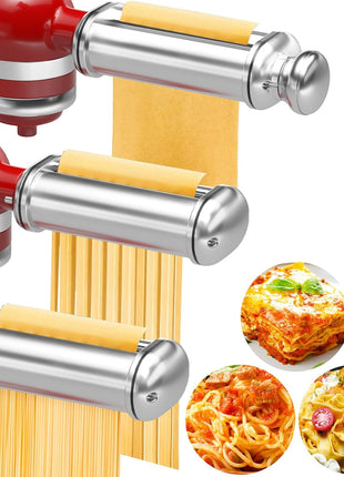 Pasta Maker Attachments for Kitchenaid Mixers, 3-Pieces Pasta Accessories Included Stainless Steel Dough Sheet Roller, Fettuccine Cutter, Spaghetti Cutter and Cleaning Brush
