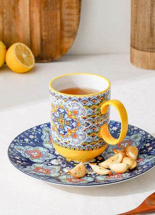 Coffee Mugs Set 14 Ounce - Multicolor Porcelain Cups for Latte, Hot Tea, Cappuccino, Cocoa, Soup, Dishwasher, Microwave Safe, Christmas Gift Set of 6 - Bohemian Style