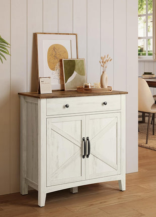 Coffee Bar Cabinet, Kitchen Storage Cabinet with a Drawer, Farmhouse Cabinet Sideboard with Adjustable Shelf for Kitchen, Rustic White and Honey Brown UBBK341W01