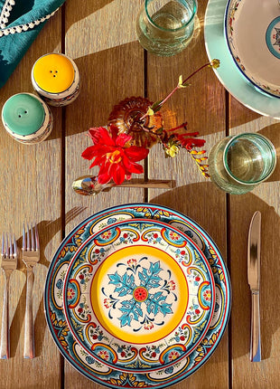 Zanzibar Double Bowl 16-Piece Dinnerware Set | Fine Kitchenware | Floral Multicolor Design Stoneware Tableware Service for 4