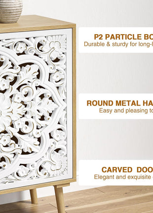 Accent Cabinet with 2 Doors, Carved Cabinet Decorative Sideboard Storage Cabinet with Adjustable Shelf, Entryway Cabinets for Kitchen with Storage Credenza