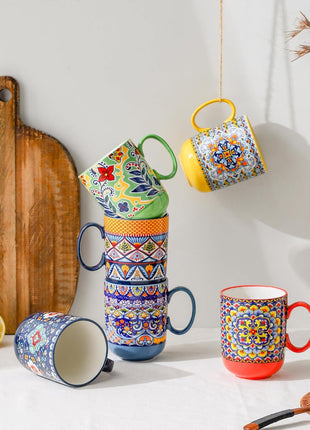 Coffee Mugs Set 14 Ounce - Multicolor Porcelain Cups for Latte, Hot Tea, Cappuccino, Cocoa, Soup, Dishwasher, Microwave Safe, Christmas Gift Set of 6 - Bohemian Style