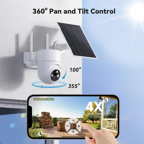 Solar Security Cameras Wireless Outdoor, 2K Outdoor Security Camera, 360° PTZ Camera Surveillance Exterieur, 4X Zoom, Battery Powered, 2.4Ghz Wifi Solar Camera, PIR Motion Detection, 2 Pack