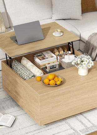 Lift Top Coffee Table, Wood Square Coffee Table with Storage, Farmhouse Coffee Tables with Hidden Storage Compartment, Center Table with Lifting Tabletop for Living Room, Home Office, Natural