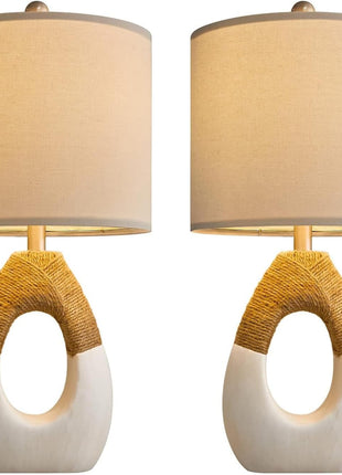 Boho Table Lamps Bedroom Living Room Set 2 Small Farmhouse Rattan Table Lamp 19”Rustic Home Decoration Nightstand Bedside Lamp for Office Compatible with Smart Light Bulbs(Not Include Bulbs)