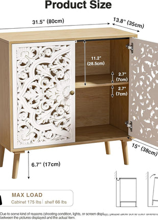 Accent Cabinet with 2 Doors, Carved Cabinet Decorative Sideboard Storage Cabinet with Adjustable Shelf, Entryway Cabinets for Kitchen with Storage Credenza