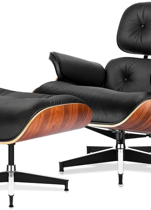 Genuine Leather Chaise Lounge Chair and Ottoman, Mid Century Modern Lounge Chair with Footstool for Living Room or Bedroom, Fixed Tilt Angle of 105° Backrest, Chair Swivelable with Durable Structure