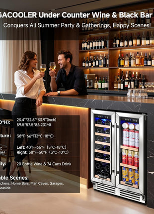 Wine and Beverage Refrigerator, 24 Inch Dual Zone Wine Cooler with Glass Door Hold 20 Bottles and 62 Cans, Freestanding or under Counter Wine Fridge with LED Ligh.