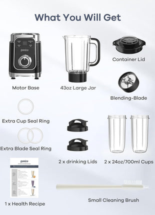 Smoothie Blender, 12-Piece Blenders for Smoothies with 2 Auto-Smart Programs,Pulse Function and Speed Control, 43 Oz Large Blender Jar, 2 * 24Oz Portable Blender Cups and Cleaning Brush