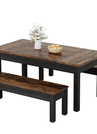 3 Piece Farmhouse Wood Dining Table Set with 2 Benches