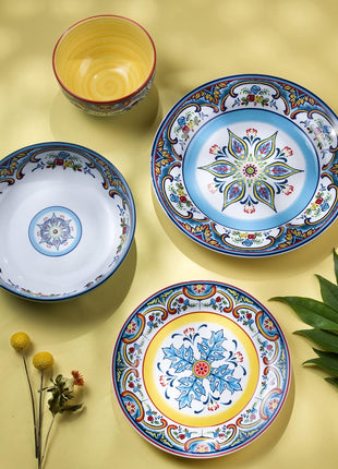 Zanzibar Double Bowl 16-Piece Dinnerware Set | Fine Kitchenware | Floral Multicolor Design Stoneware Tableware Service for 4