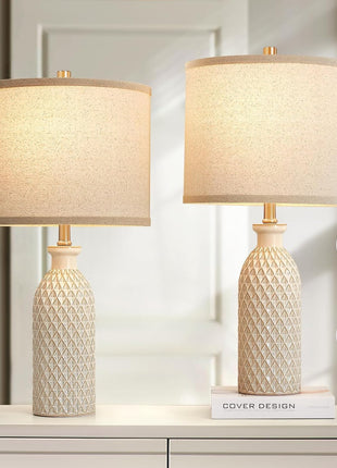 Ceramic Table Lamps Set of 2, Farmhouse 24.8" Bedside Lamps with 3-Color Temperature, Modern Nightstand Lamp Desk Reading Lamp with Fabric Drum Shade for Bedroom, Living Room, Office, 2 Bulbs Included