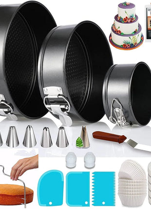 100Pcs Cake Pan Sets for Baking + Cake Decorating Supplies: 3 Non-Stick Springform Pans Set (4, 7, 9 Inches), Icing Tips, Cake Leveler – Multi-Functional Leak-Proof Cheesecake Pan & Ebook