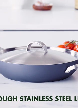 Paris Pro Hard Anodized Healthy Ceramic Nonstick, 11" Everyday Frying Pan Skillet with 2 Handles and Stainless Steel Lid, Pfas-Free, Dishwasher Safe, Grey