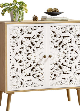 Accent Cabinet with 2 Doors, Carved Cabinet Decorative Sideboard Storage Cabinet with Adjustable Shelf, Entryway Cabinets for Kitchen with Storage Credenza