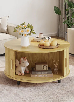 31.5" Modern round Coffee Table with 360° Curved Sliding Door.