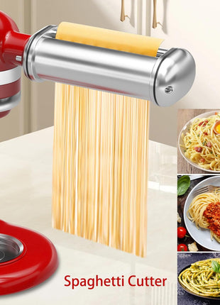 Pasta Maker Attachments for Kitchenaid Mixers, 3-Pieces Pasta Accessories Included Stainless Steel Dough Sheet Roller, Fettuccine Cutter, Spaghetti Cutter and Cleaning Brush