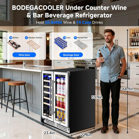 Wine and Beverage Refrigerator, 24 Inch Dual Zone Wine Cooler with Glass Door Hold 20 Bottles and 62 Cans, Freestanding or under Counter Wine Fridge with LED Ligh.