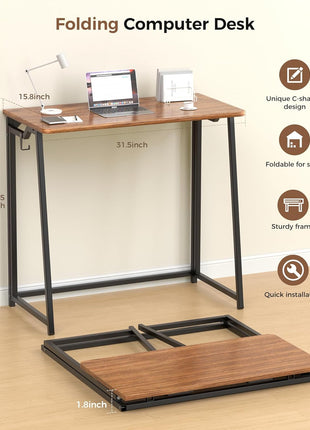 Folding Desk Small Foldable Desk for Small Space, 31.5 Inches Writing Computer Desks in Study, Home Office Foldable Office Desks for Bedroom, Rustic