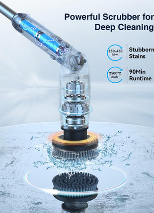 Electric Spin Scrubber, Shower Scrubber with 4 Adjustable Angles and 8 Brush Heads, Electric Scrubber with Long Handle & Remote Controller, Cleaning Brush for Bathroom, Tub, Floor (Black)