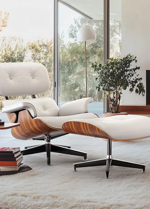 Mid-Century Chaise Lounge Chair and Ottoman for Living Room and Office with PU Leather and Strong Metal Base Support, 105° Fixed Tilting Angle of Back Rest Ergonomic Lumbar Support