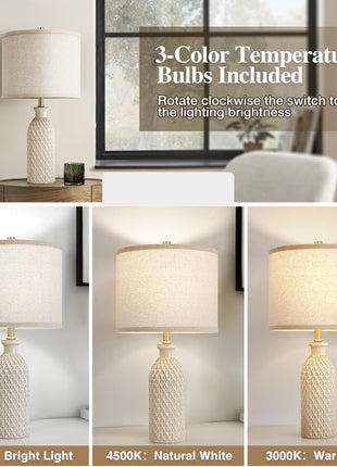 Ceramic Table Lamps Set of 2, Farmhouse 24.8" Bedside Lamps with 3-Color Temperature, Modern Nightstand Lamp Desk Reading Lamp with Fabric Drum Shade for Bedroom, Living Room, Office, 2 Bulbs Included