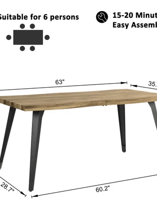 Shivani 63" Rectangle Live Edge Dining Table for 6 with Metal Base for Dining Room, Kitchen, Restaurant