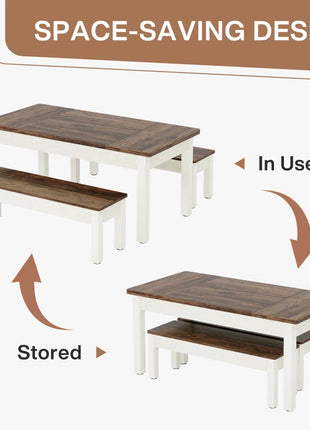 3 Piece Farmhouse Wood Dining Table Set with 2 Benches