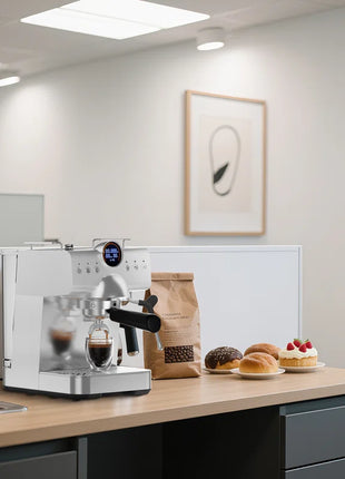 Pro Silver Espresso Machine: Cold Brew, Frother Wand, Led Display - Perfect for Home/Office!