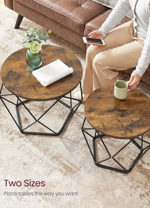 Small Coffee Table Set of 2, round Coffee Table with Steel Frame, Side End Table for Living Room, Bedroom, Office, Rustic Brown and Ink Black ULET040B01V1
