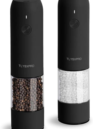 Electric Salt and Pepper Grinder Set, USB Rechargeable, Automatic Salt and Pepper Mill Grinder with Adjustable Coarseness, Electric Salt Shakers, LED Light, Refillable (2 Packs, Black)