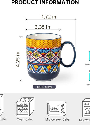 Coffee Mugs Set 14 Ounce - Multicolor Porcelain Cups for Latte, Hot Tea, Cappuccino, Cocoa, Soup, Dishwasher, Microwave Safe, Christmas Gift Set of 6 - Bohemian Style