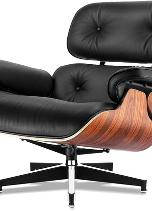 Genuine Leather Chaise Lounge Chair and Ottoman, Mid Century Modern Lounge Chair with Footstool for Living Room or Bedroom, Fixed Tilt Angle of 105° Backrest, Chair Swivelable with Durable Structure