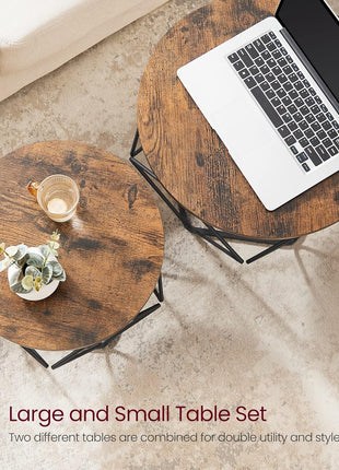 Small Coffee Table Set of 2, round Coffee Table with Steel Frame, Side End Table for Living Room, Bedroom, Office, Rustic Brown and Ink Black ULET040B01V1