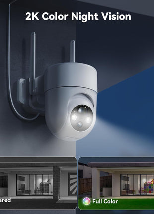 Solar Security Cameras Wireless Outdoor, 2K Outdoor Security Camera, 360° PTZ Camera Surveillance Exterieur, 4X Zoom, Battery Powered, 2.4Ghz Wifi Solar Camera, PIR Motion Detection, 2 Pack