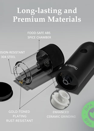 Electric Salt and Pepper Grinder Set, USB Rechargeable, Automatic Salt and Pepper Mill Grinder with Adjustable Coarseness, Electric Salt Shakers, LED Light, Refillable (2 Packs, Black)