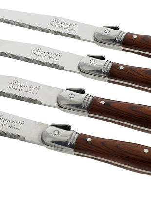 Laguiole 4-Piece Steak Knives (Pakkawood) - Stainless Steel Knives – Smooth Cut Serrated Knife Blade – Dishwasher Safe Steak Knife Set – Luxurious Kitchen Knife Set for Parties