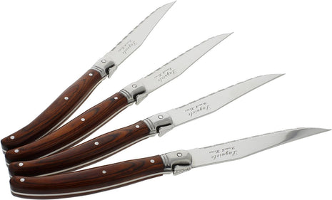 Laguiole 4-Piece Steak Knives (Pakkawood) - Stainless Steel Knives – Smooth Cut Serrated Knife Blade – Dishwasher Safe Steak Knife Set – Luxurious Kitchen Knife Set for Parties