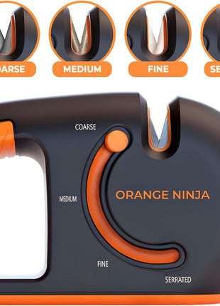 Orange Ninja 4-Stage Knife Sharpener - Premium Kitchen Knife Sharpeners - Adjustable Handheld Manual Knife Sharpeners for Kitchen Knives, Knife Sharpener, Chefs & Serrated Knife by